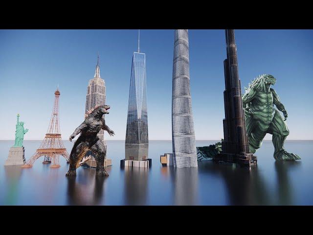 How big are the biggest Godzillas against the tallest  structures?