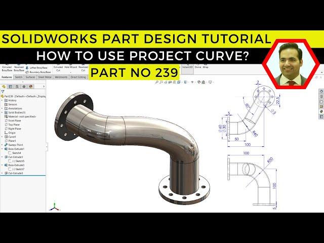 SolidWorks Tutorial: Part Design with Project Curve Command for Pipe Creation | Part No 239