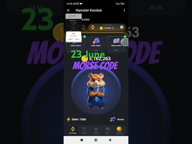 21 June Morse Code Hamster Kombat  | 1Million Points Daily Cipher | Hamster kombat today morse code