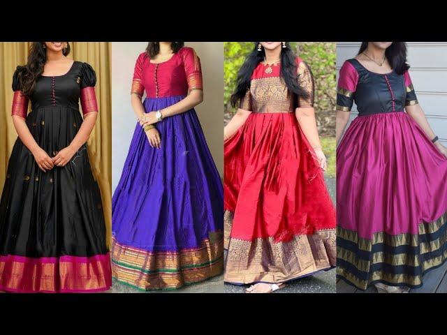 Latest Silk gown design ideas 2023 || Saree pattern long gown dress design || Long gown designs