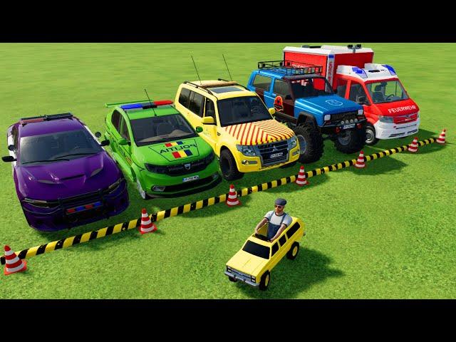 TRANSPORTATION OF POLICE CARS, AMBULANCES, FIRE TRUCKS WITH TRUCKS, COLORFUL CARS, FARMING SIMULATOR