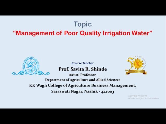 'Evaluation and Management of Poor Quality Irrigation Water' (Prof. S.R. Shinde, KKWagh, ABM)