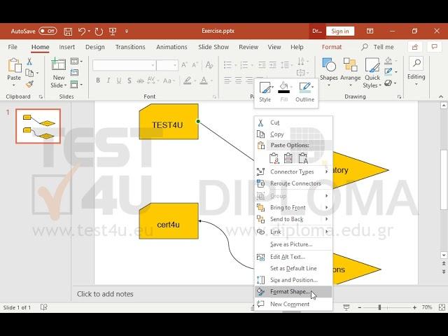 Change the connecting arrow between the objects TEST4U and preparatory into straight connecting...