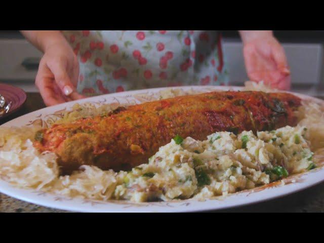 German American Holiday Turkey Meatloaf with Creamy Mashed Potatoes and Sauerkraut. Amazingly Good!!