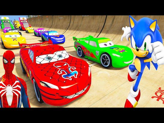 SPIDERMAN McQueen Friends LIGHTHOUSE Ramp Challenge ! SUPERHERO HULK Disney Cars MACK TRUCK  - GTA V