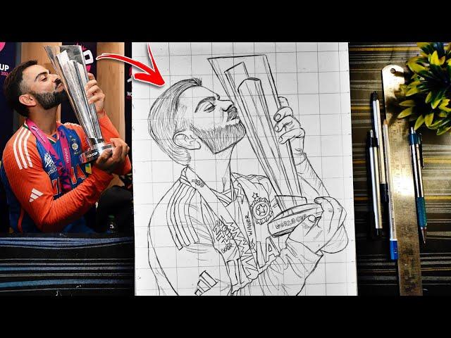 Virat Kohli drawing with T20 Champions trophy , How to draw Virat Kohli, Outline Tutorial