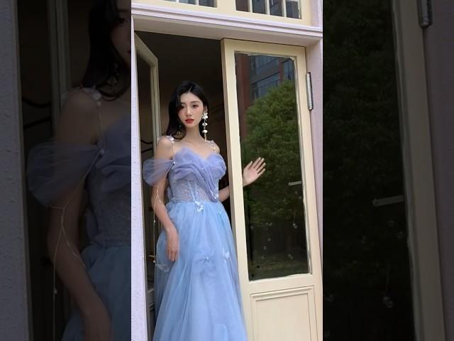 Fairy Light Blue Cocktail Evening Dress Off Shoulder Puffy Skirt Ball Gown