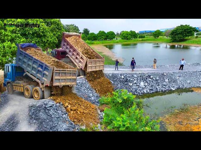 The Best Full Processing Filling Up The Land huge, Bulldozer KOMATSU Push Stone, Dump truck