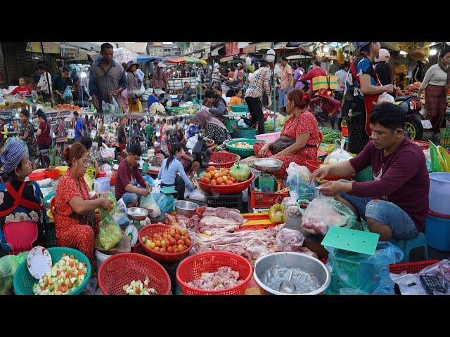 Early Morning Vegetable Market Scene - Plenty Fresh Vegetable, River Fish, Pork, Beef & More Food