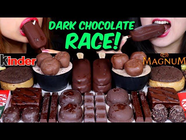 ASMR DARK CHOCOLATE RACE! MAGNUM ICE CREAM BARS, CHOCOLATE CAKE, CREAM PUFFS, MARSHMALLOW, KITKAT 먹방