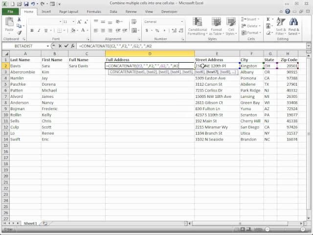 In Excel: Combine the contents of multiple cells into one cell