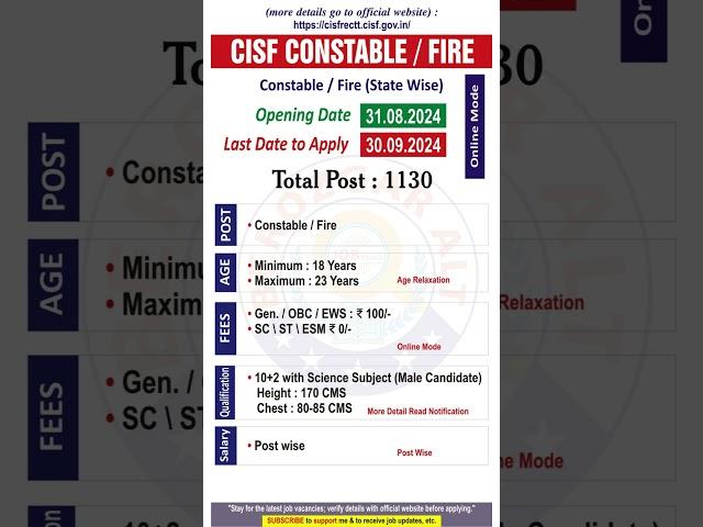CISF Fireman Recruitment 2024 | CISF Fireman Constable Vacancy 2024 #cisf #fireman #constable