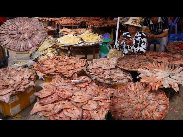 Amazing Sit Selling Dry Fish, Dry Beef, Dry Buffalo & More Dry Frog - Cambodian Dry Fish Market