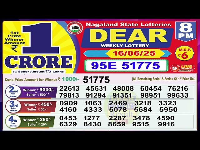Dear Lottery Sambad Evening 8 PM today 16.06.25 Nagaland State Lottery Result