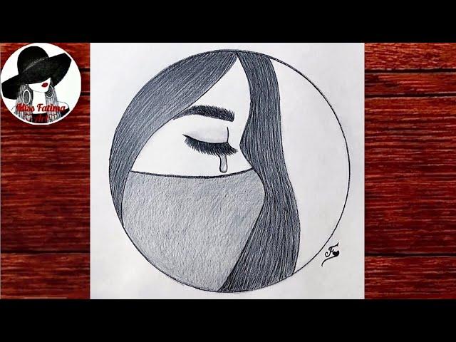 Crying girl drawing || Circle drawing for beginners || How to draw a sad girl with mask