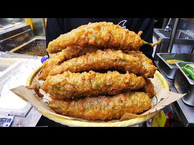 Famous Korean Snack, Giant fried stuffed Peppers, Korean Traditional market, Korean street food