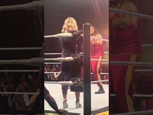 Shanky dances with fans at ringside at WWE Superstar Spectacle 2023