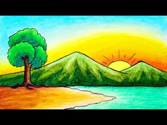 How To Draw Sunrise Scenery With Oil Pastel and Pencil Color | Drawing Sunrise Scenery