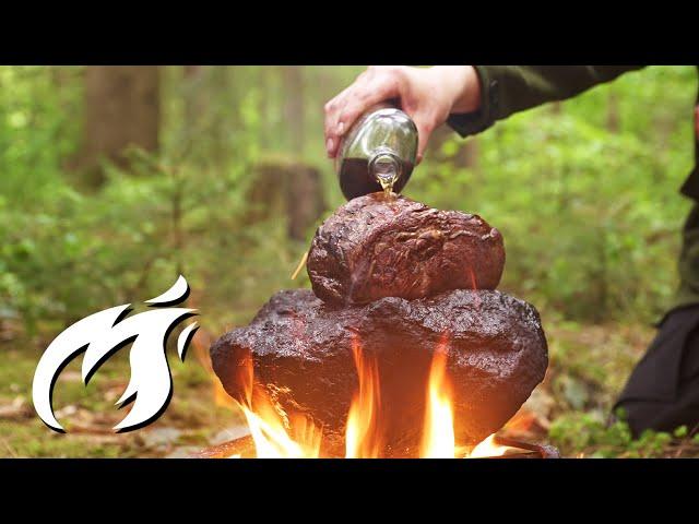 MONSTER ENTRECOTE STEAK on HOT STONE grilled outdoor ASMR style  