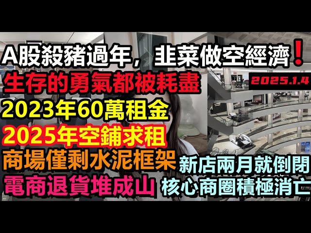 當年租金60萬的商鋪，如今房東急切求租，高鐵在空轉，商家撤出商場僅剩水泥框架，A股做空韭菜，韭菜做空經濟，新年年貨都沒錢買，2025年還向無產階級進發##無修飾的中國#大陸經濟#大蕭條