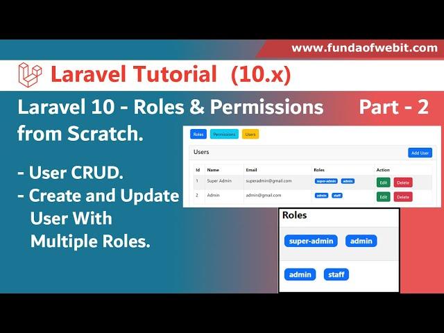 Part 2/3 - Roles & permission in Laravel | Create User CRUD & assign multiple Roles to each user