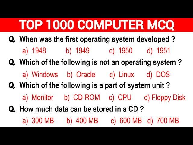 Part -1 | Top 1000 Computer Fundamental MCQ | computer fundamental mcq questions with answers