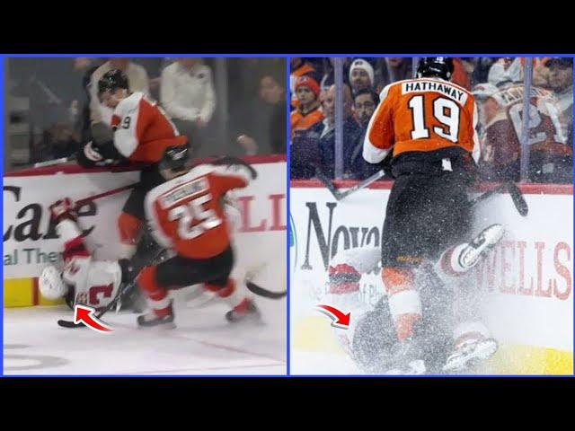 Garnet Hathaway ejected for hit on New Luke Hughes - Luke Hughes freak injury - Flyers vs Devils