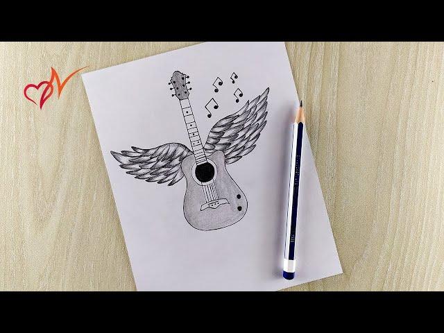 How to draw a beautiful guitar with wings | Step by step easy drawing tutorial