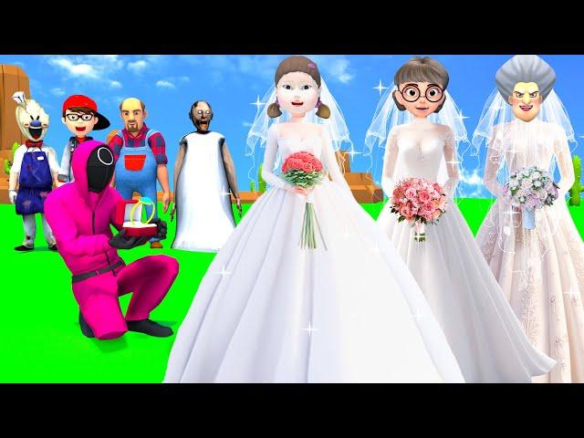 Squid Game 2 vs Scary Teacher 3D Choose Who Wear Wedding Dresses Nice or Error 5 Times Challenge