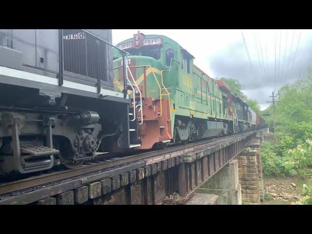 3 Locomotive Train On Bridge W/Green Monster Locomotive, CSX Under NS, Fast Train With LOUD DPU