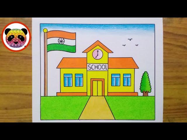 School Scenery Drawing / My School Drawing / How to Draw a School Easy Step By Step / School