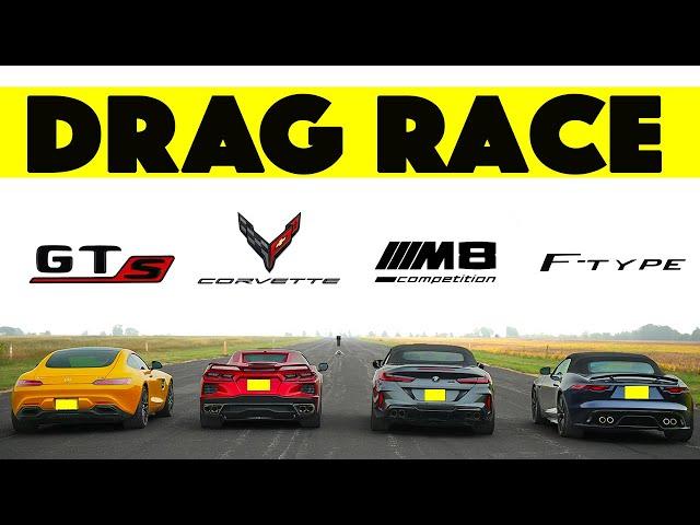 Jaguar F-Type  vs BMW M8 Comp vs Chevy Corvette C8 vs Mercedes Benz AMG GTS, Drag and Roll Race.