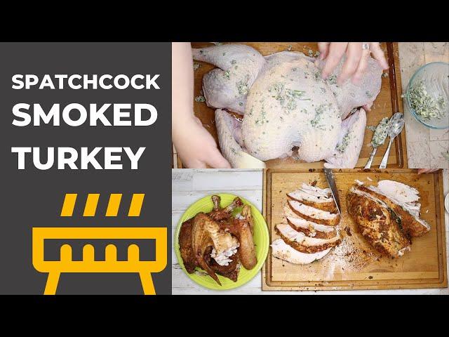 Smoke a spatchcocked turkey on a wood pellet Traeger smoker