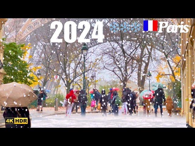 [4K] HDR Paris  France 2024 Novembre 21 Today Snow ️️️ Fall Eiffel Tower walk Tour 1 °C 