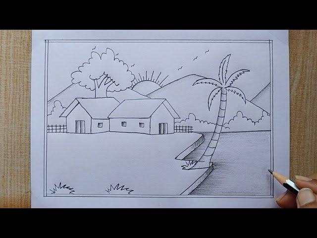 Pencil drawing| Easy Landscape scenery drawing| Village scenery drawing| Scenery with house, Birds