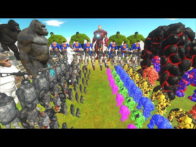 TRIPPLE GOLEM WAR - MONKEY TEAM vs HUMAN TEAM vs GOLEM TEAM- Animal Revolt Battle Simulator