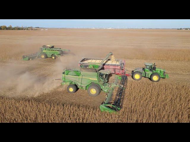 Illinois Soybean Harvest with two John Deere X9 1100 combines and 50 foot draper heads.