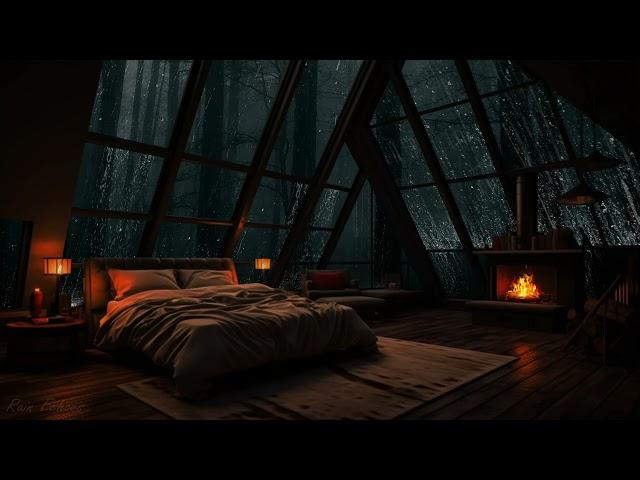 Heavy Rain Storm outside a Cozy Attic Bedroom w/ Burning Firewood| Rain Sounds for Sleeping 