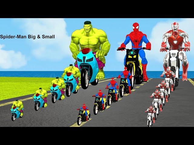 Siêu nhân nhệnSpider-Man Big & Small Motorcycle Obstacle Challenge vs Red Iron Man vs Hulk green