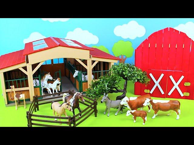 Mini Farm Diorama and Barnyard Animal Figurines   Horses Cows Donkey