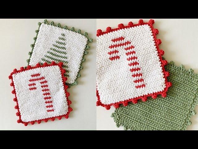 Crochet Candy Cane Stripe Hot Pad with Dot Border