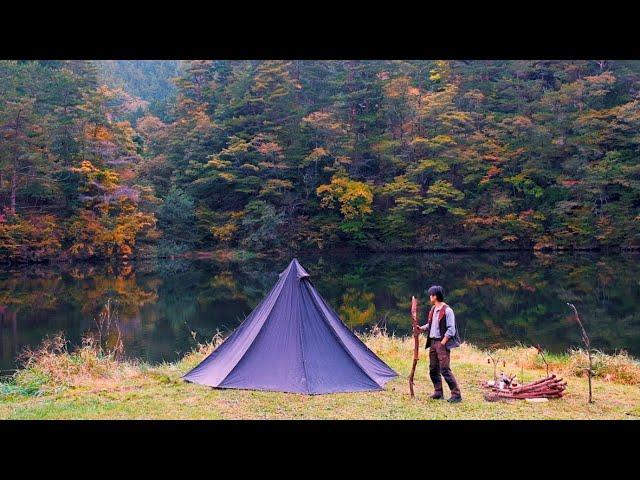 SOLO Camping by Beautiful Lake with Autumn Red Leaves