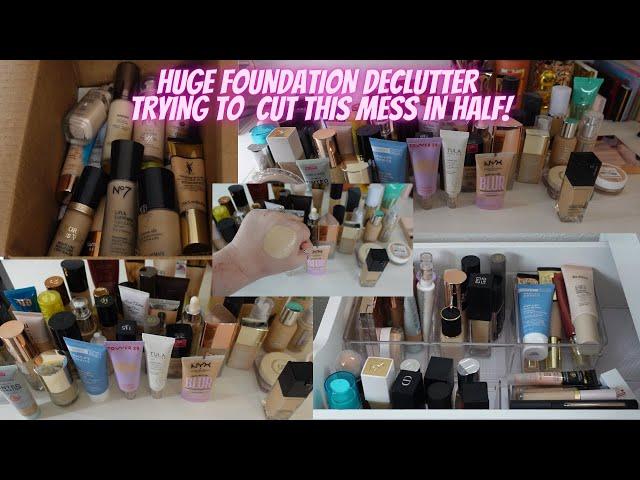 HUGE MAKEUP DECLUTTER trying to cut foundations in half | Swatching & organizing!