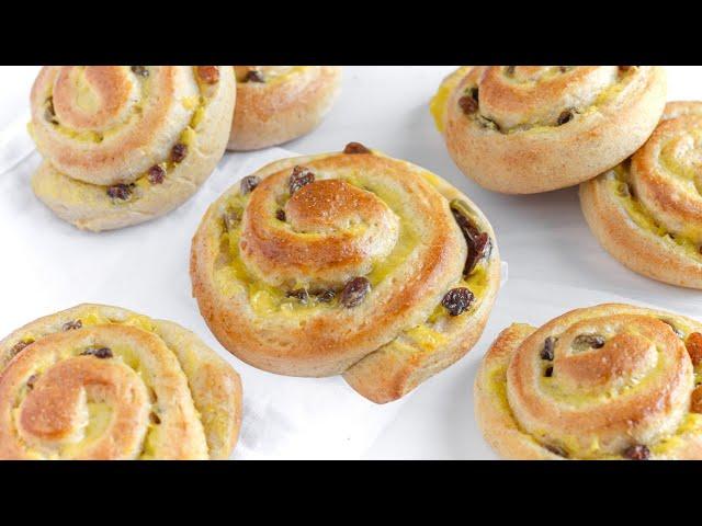 Vegan BRIOCHE ROLLS with custard + raisins | soft & creamy
