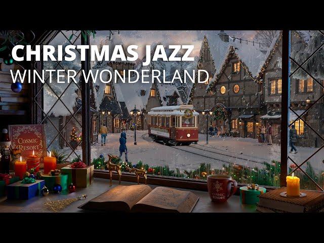 Cozy Christmas Town Immersive Ambience with Soft Jazz Christmas Music and Crackling Fire Sounds