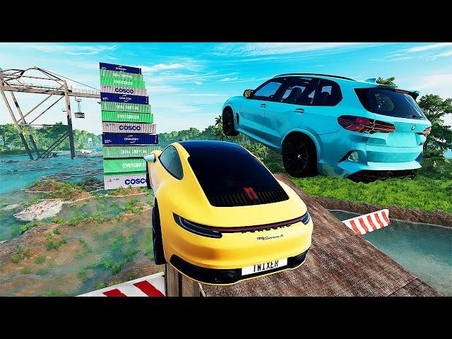 Cars Vs River Mega High Container  Jump Test #10 - Speed Car Crash -  BeamNG Drive