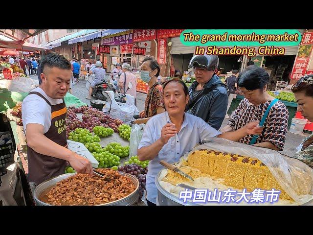 Shandong, China, breakfast market, exotic street food/4k