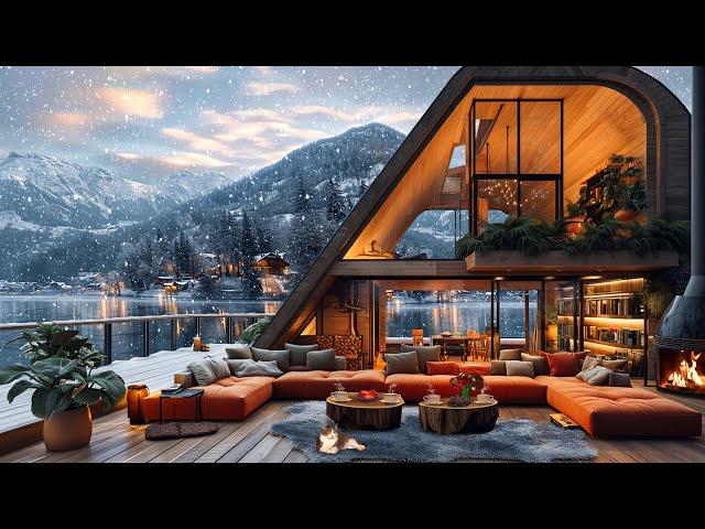 Soothing Winter Ambience Coffee Shop With Gentle Snowfall  Relaxing Jazz Music for Stress Relief