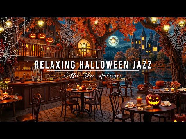 Relaxing Halloween Jazz Music  Cozy Autumn Cafe Ambience with Rain & Thunderstorm Sounds for Sleep