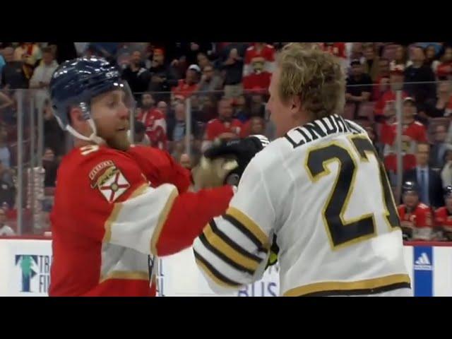 Sam Bennett bullies Hampus Lindholm into a fight